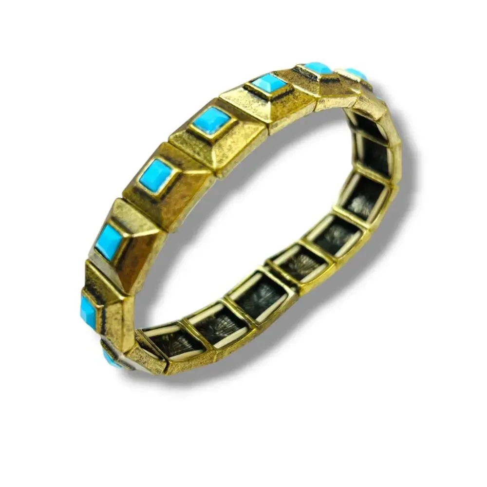 Set of 2 Goldtone Stretch Bracelets Faux Turquoise Starburst Retro Style